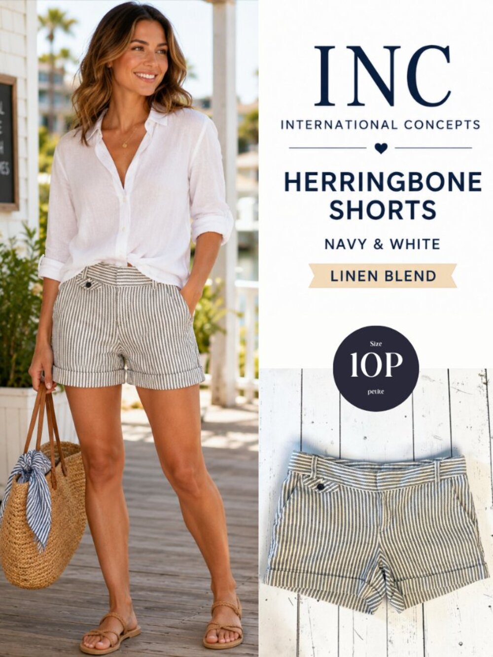 INC International Concepts Linen Blend Herringbone Shorts Navy White 10P